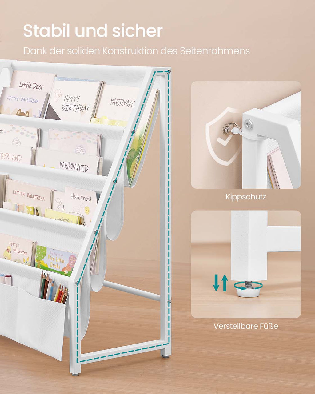 Kinder Bücherregal mit Seitentasche und Spielzeugfächern