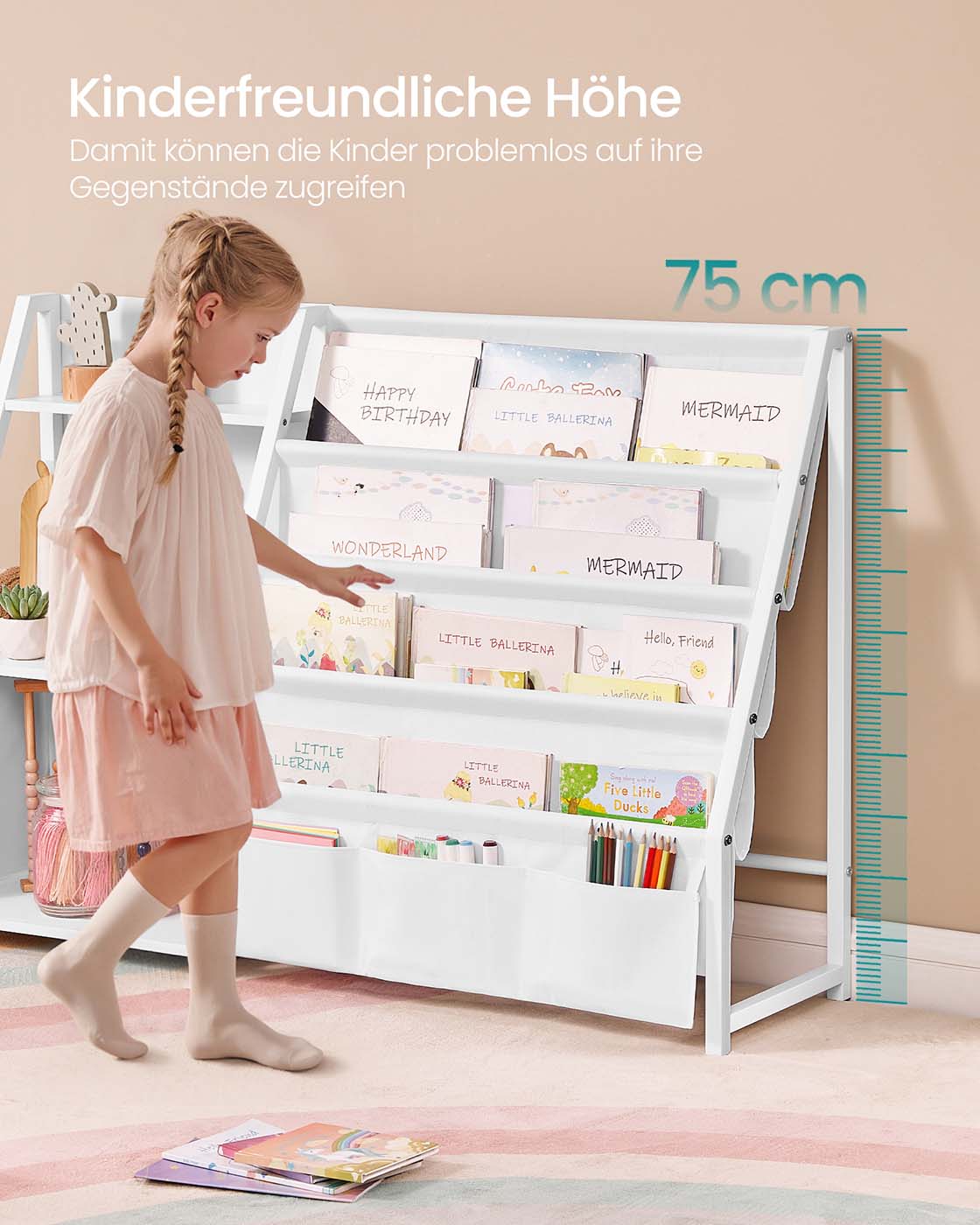 Kinder Bücherregal mit Seitentasche und Spielzeugfächern
