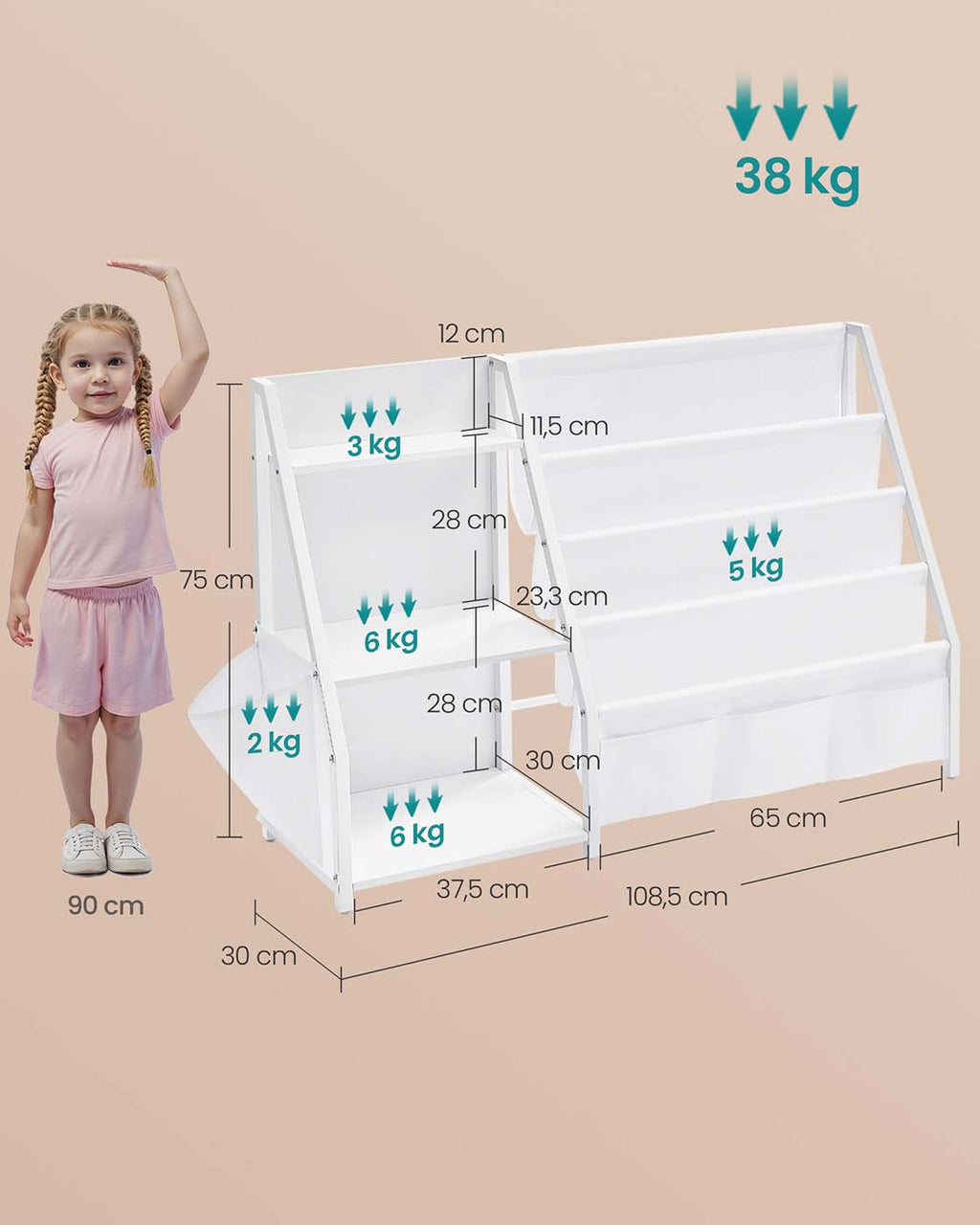 Kinder Bücherregal mit Seitentasche und Spielzeugfächern
