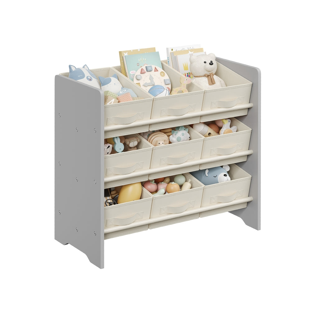 Kinderregal mit 9 Aufbewahrungsboxen aus Vliesstoff taubengrau