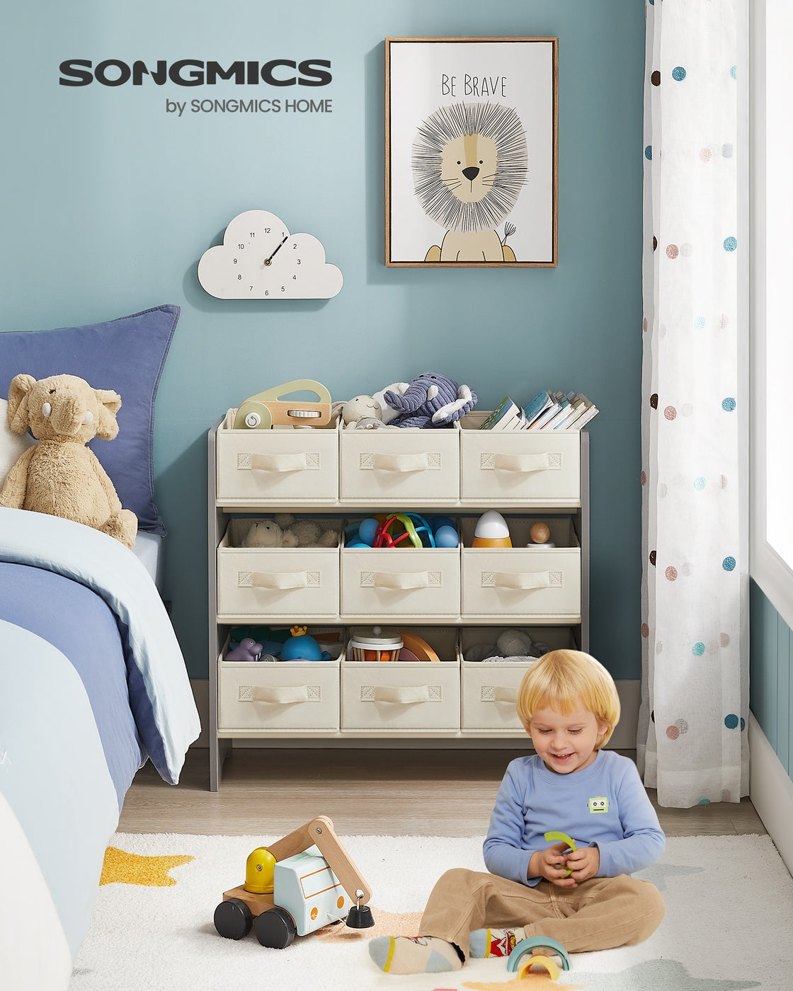 Kinderregal mit 9 Aufbewahrungsboxen aus Vliesstoff taubengrau