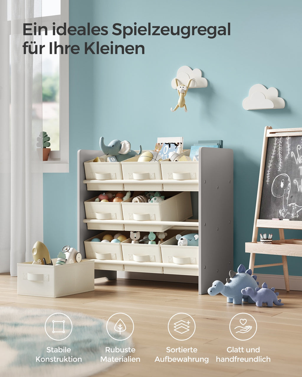 Kinderregal mit 9 Aufbewahrungsboxen aus Vliesstoff taubengrau