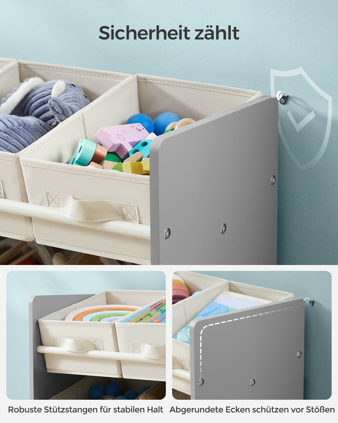 Kinderregal mit 9 Aufbewahrungsboxen aus Vliesstoff taubengrau