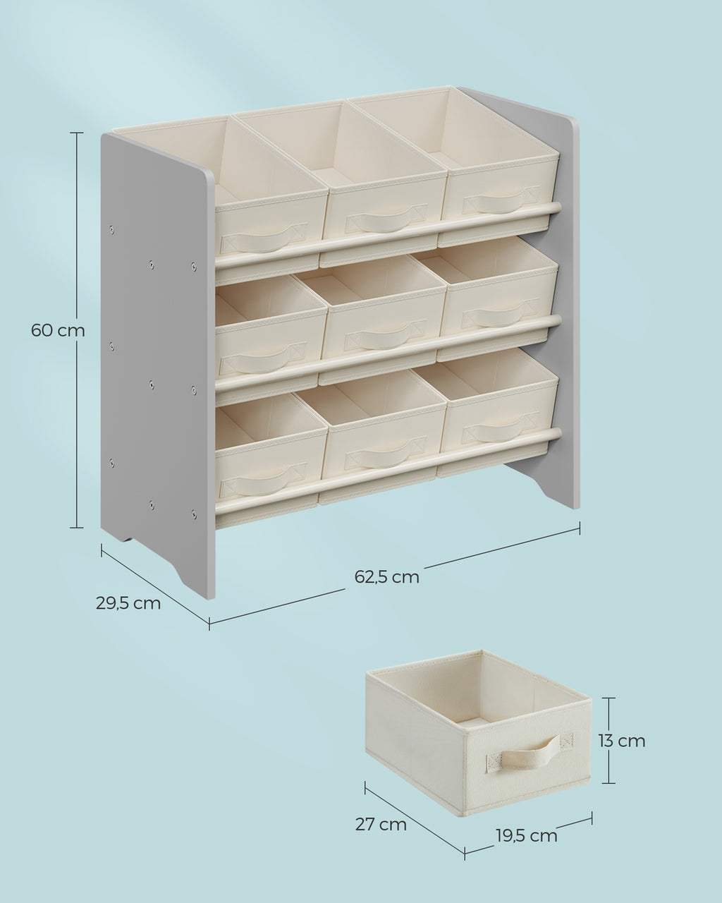 Kinderregal mit 9 Aufbewahrungsboxen aus Vliesstoff taubengrau