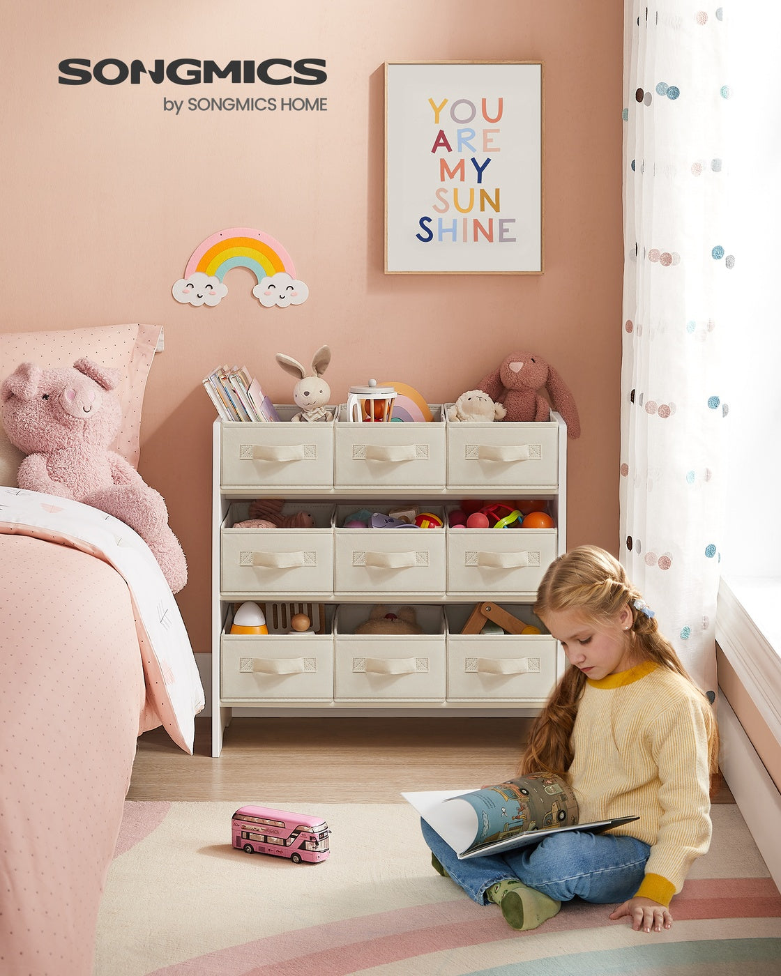 Kinderregal mit 9 Aufbewahrungsboxen aus Vliesstoff wolkenweiß