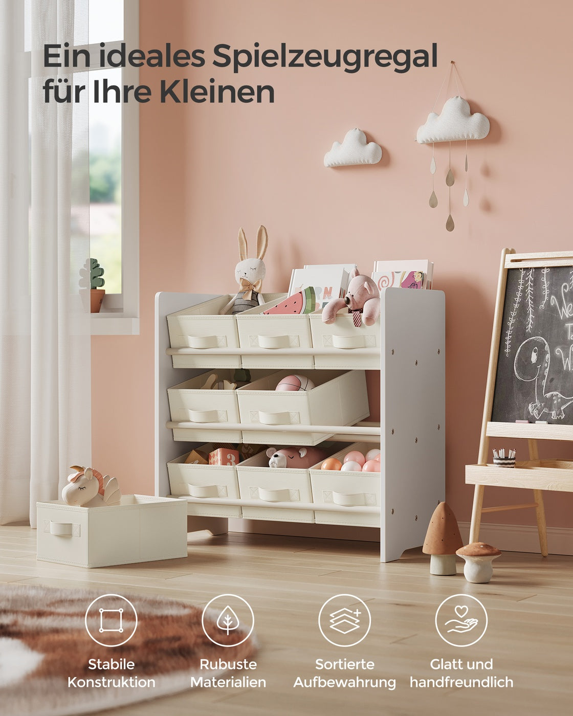 Kinderregal mit 9 Aufbewahrungsboxen aus Vliesstoff wolkenweiß