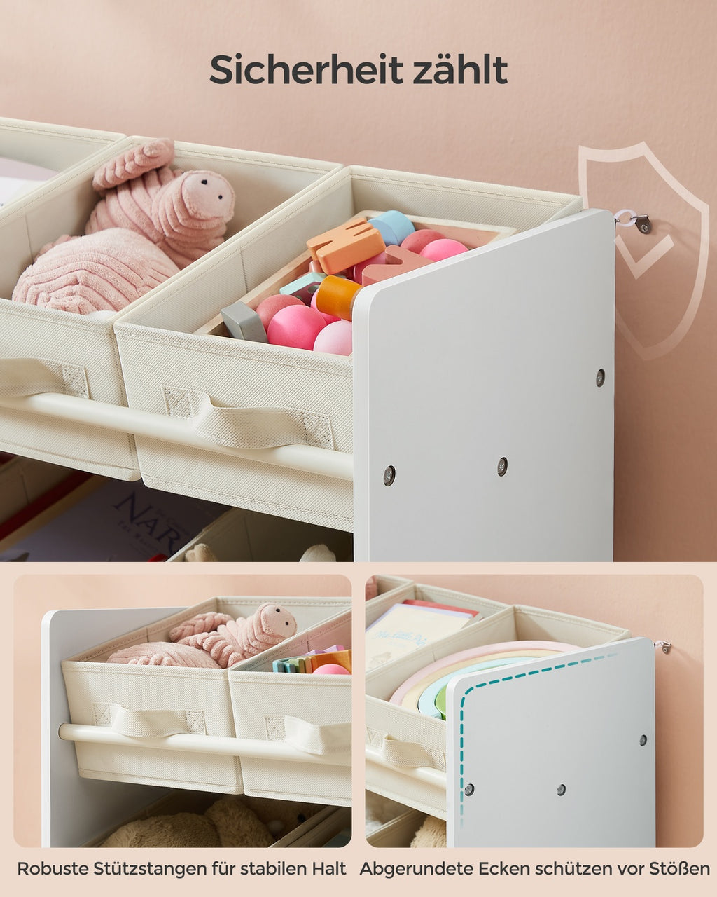 Kinderregal mit 9 Aufbewahrungsboxen aus Vliesstoff wolkenweiß