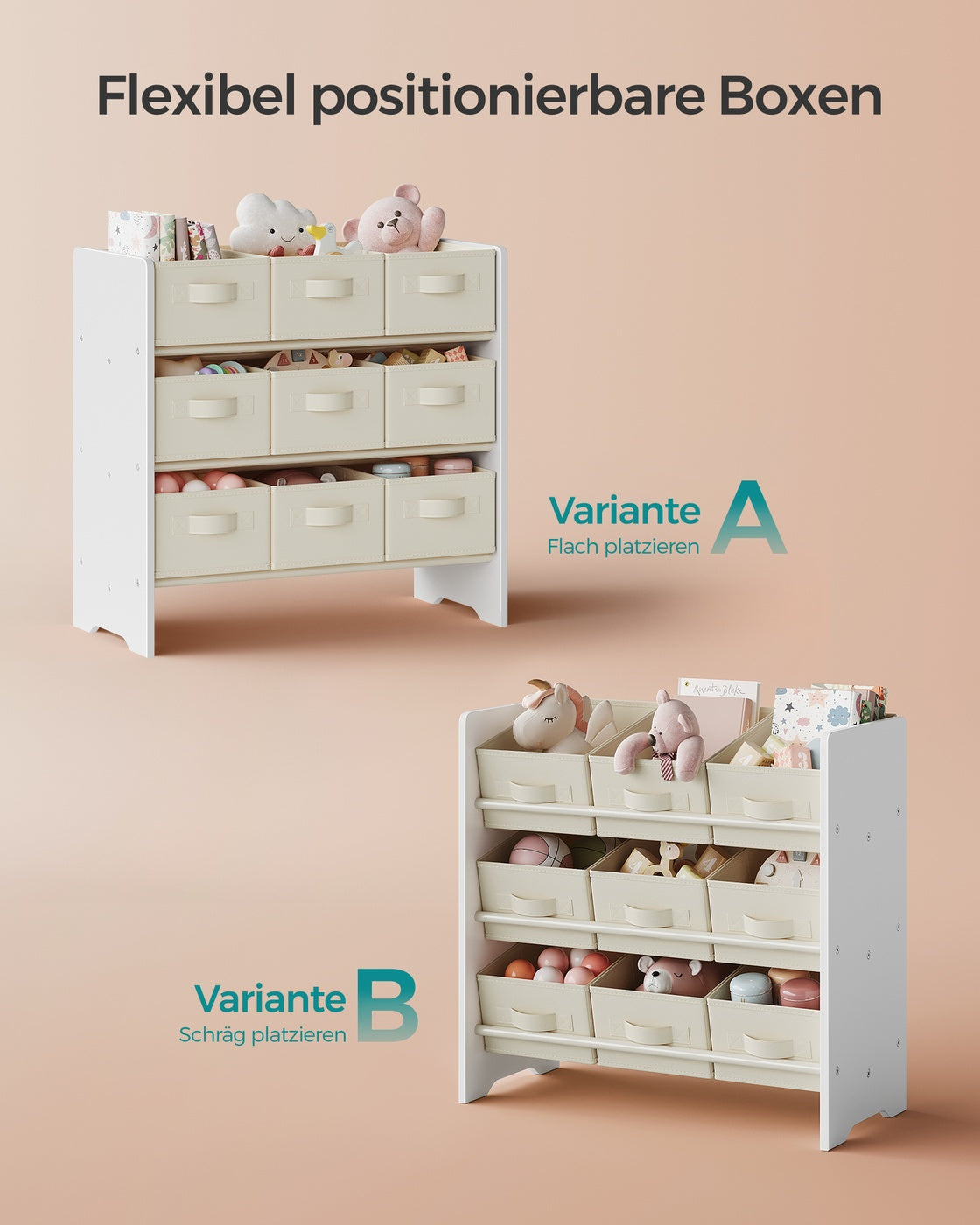 Kinderregal mit 9 Aufbewahrungsboxen aus Vliesstoff wolkenweiß