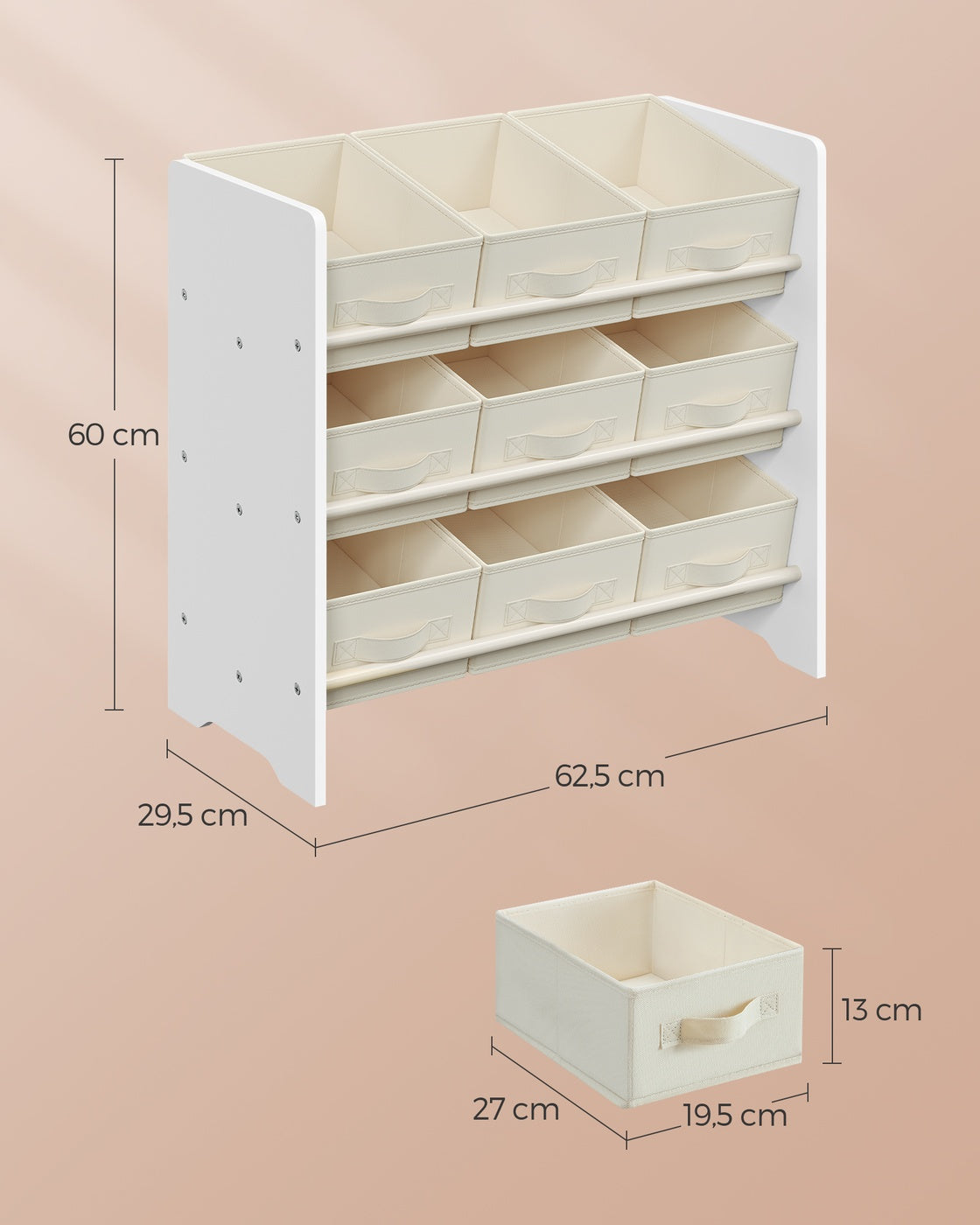 Kinderregal mit 9 Aufbewahrungsboxen aus Vliesstoff wolkenweiß