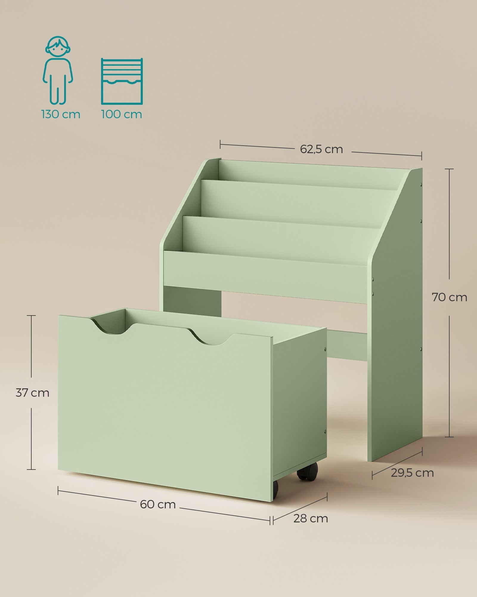 Bücherregal mit 3 Regalebenen und auf Rollen