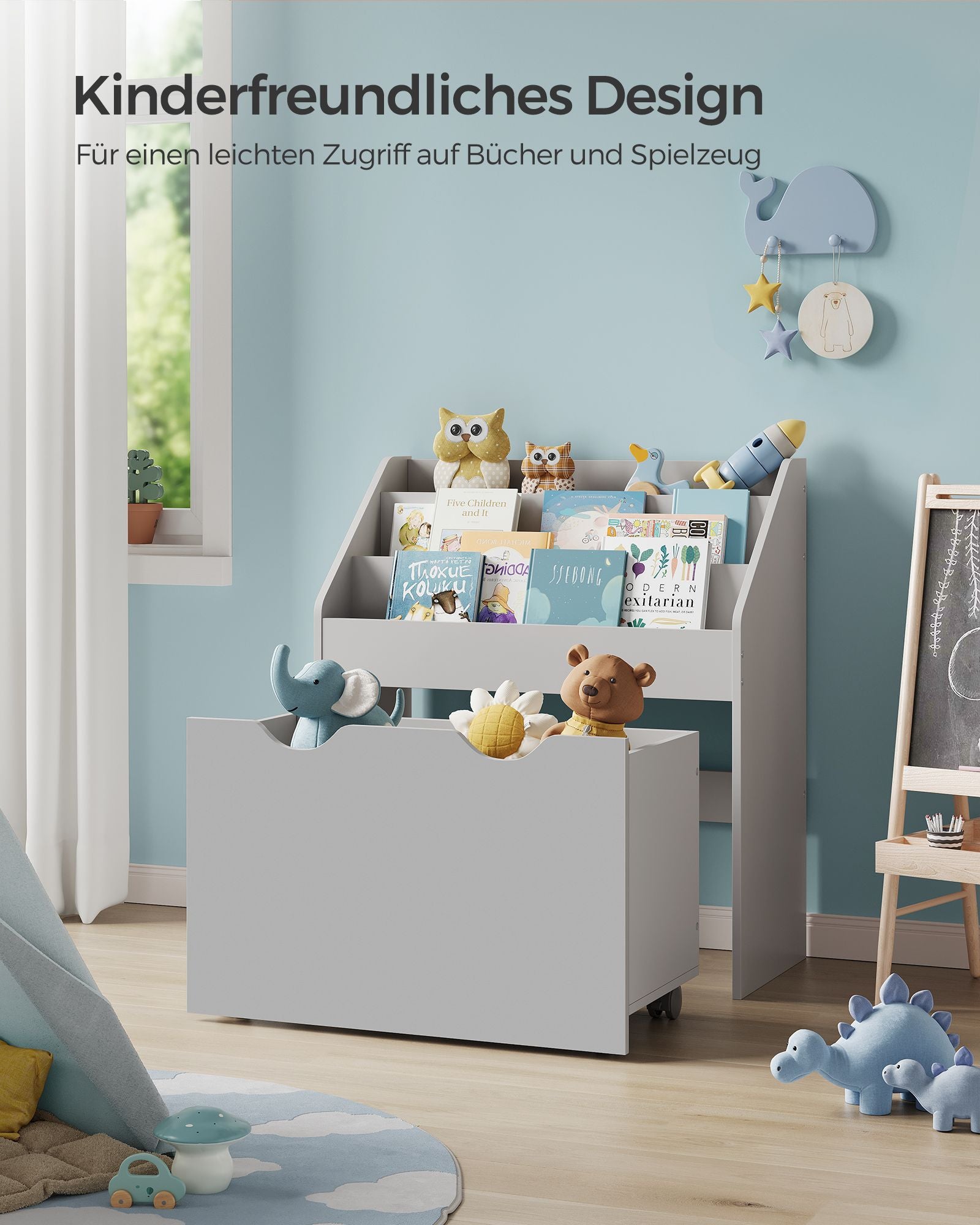 Spielzeugregal mit 3 Regalebenen auf Rollen taubengrau