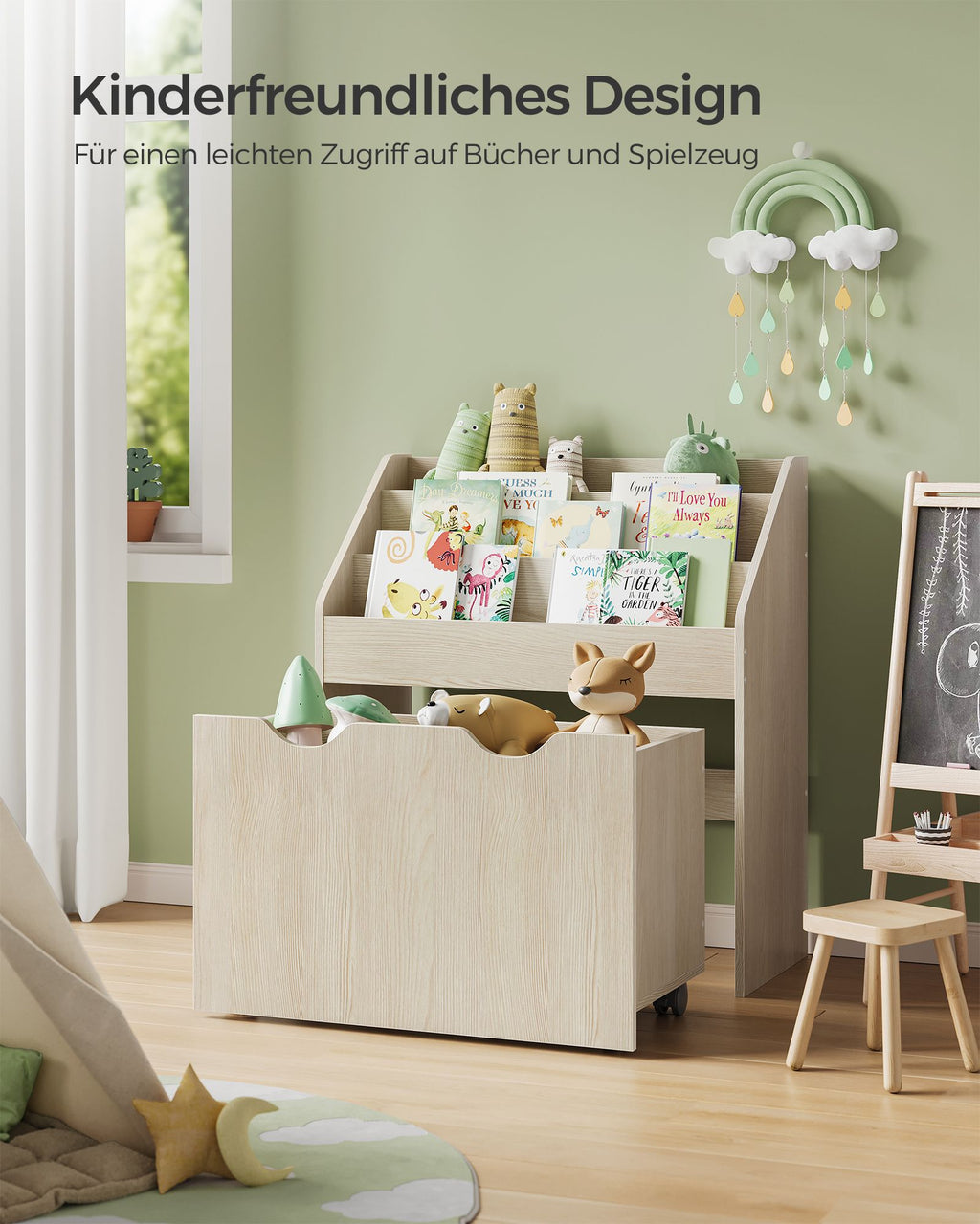 Spielzeugregal mit 3 Regalebenen auf Rollen haferflockenbeige