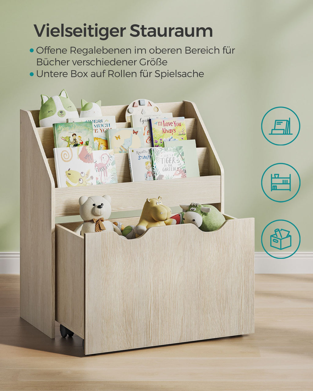 Spielzeugregal mit 3 Regalebenen auf Rollen haferflockenbeige