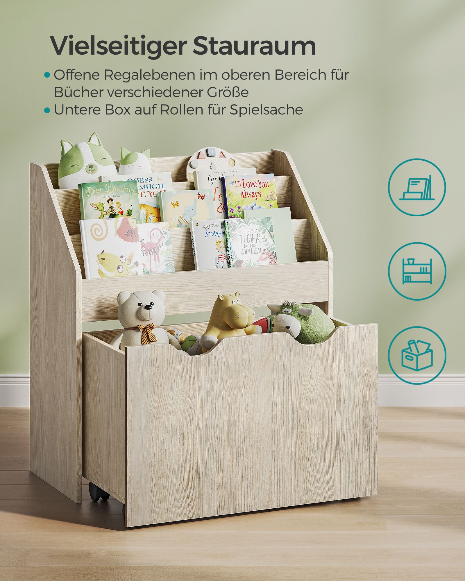 Spielzeugregal mit 3 Regalebenen auf Rollen haferflockenbeige