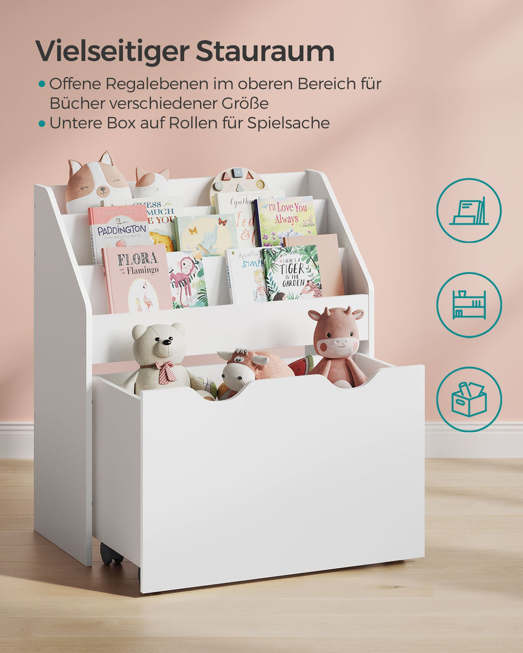 Spielzeugregal mit 3 Regalebenen auf Rollen Weiβ