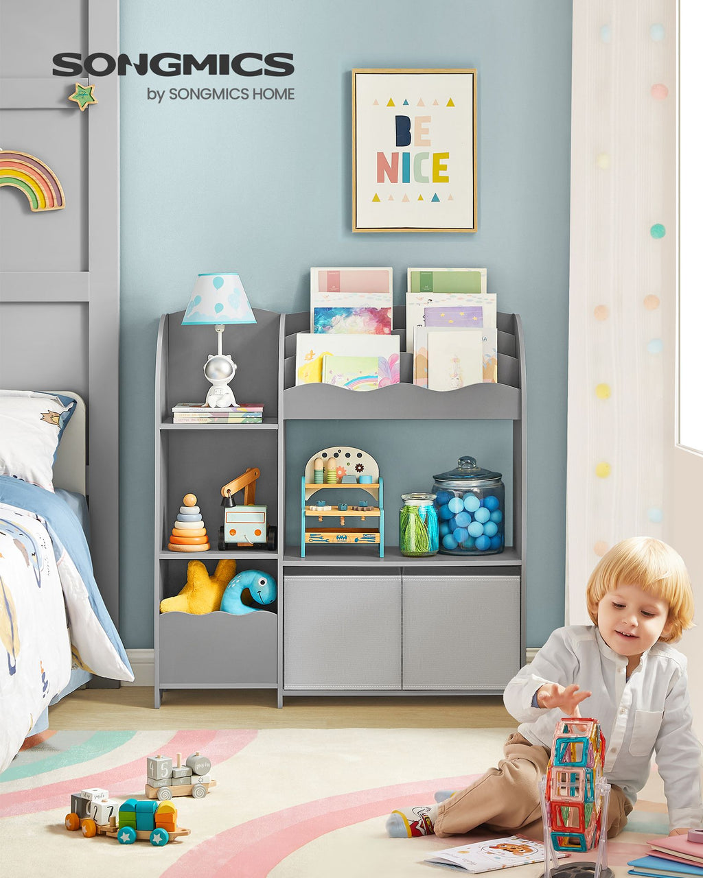 Kinderregal mit 2 Boxen für Spielzeug und Bücher taubengrau