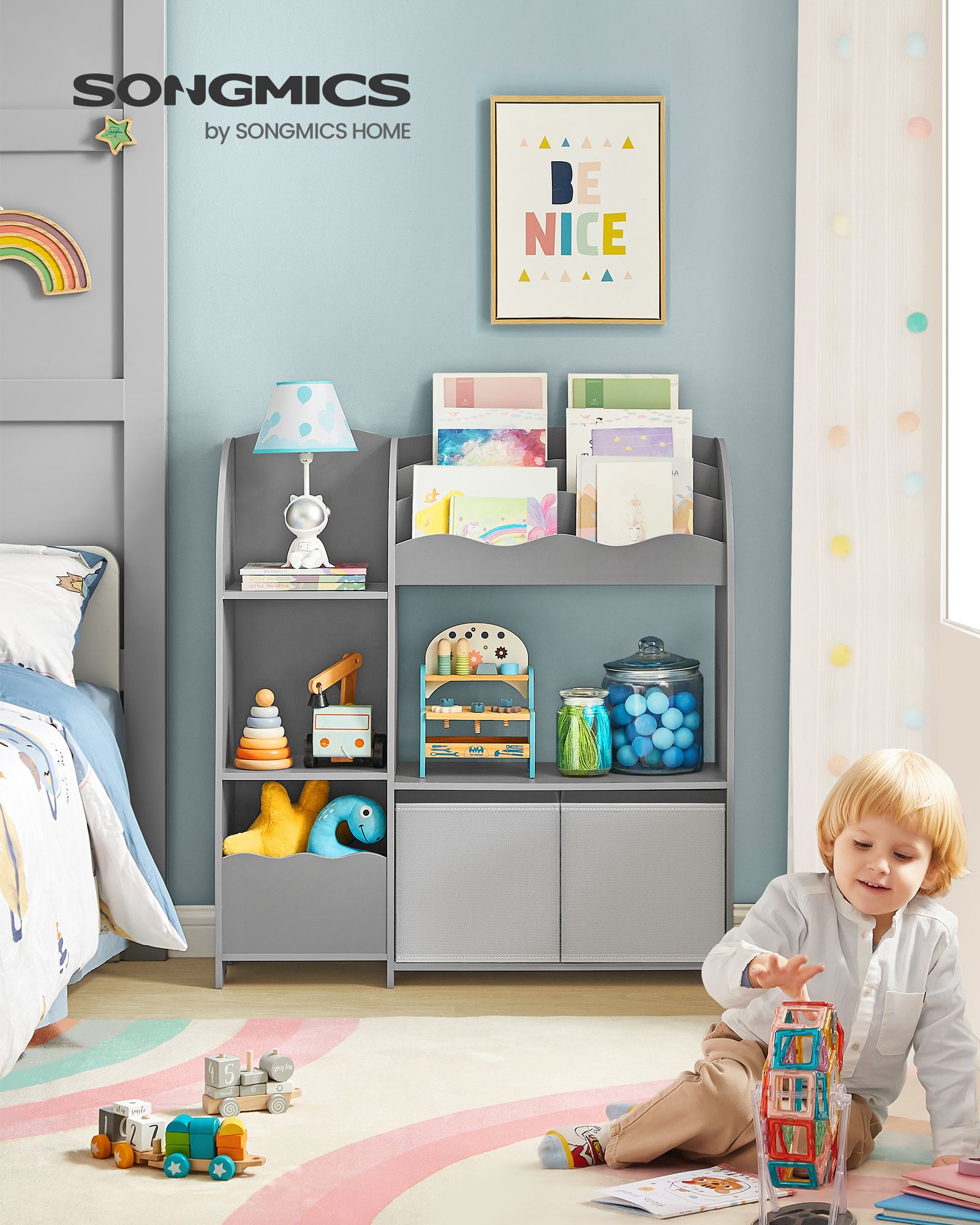 Kinderregal mit 2 Boxen für Spielzeug und Bücher taubengrau