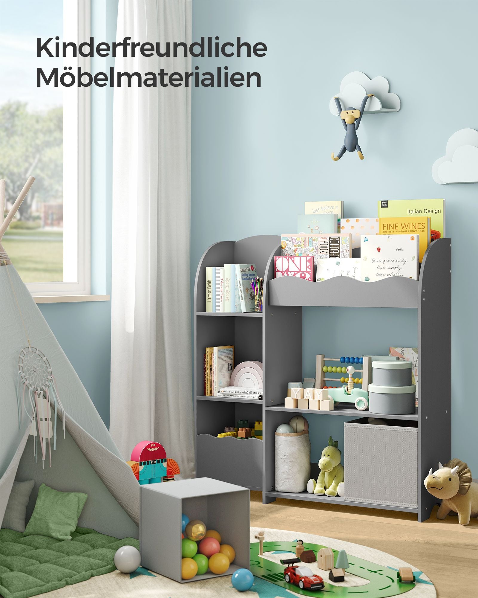 Kinderregal mit 2 Boxen für Spielzeug und Bücher taubengrau