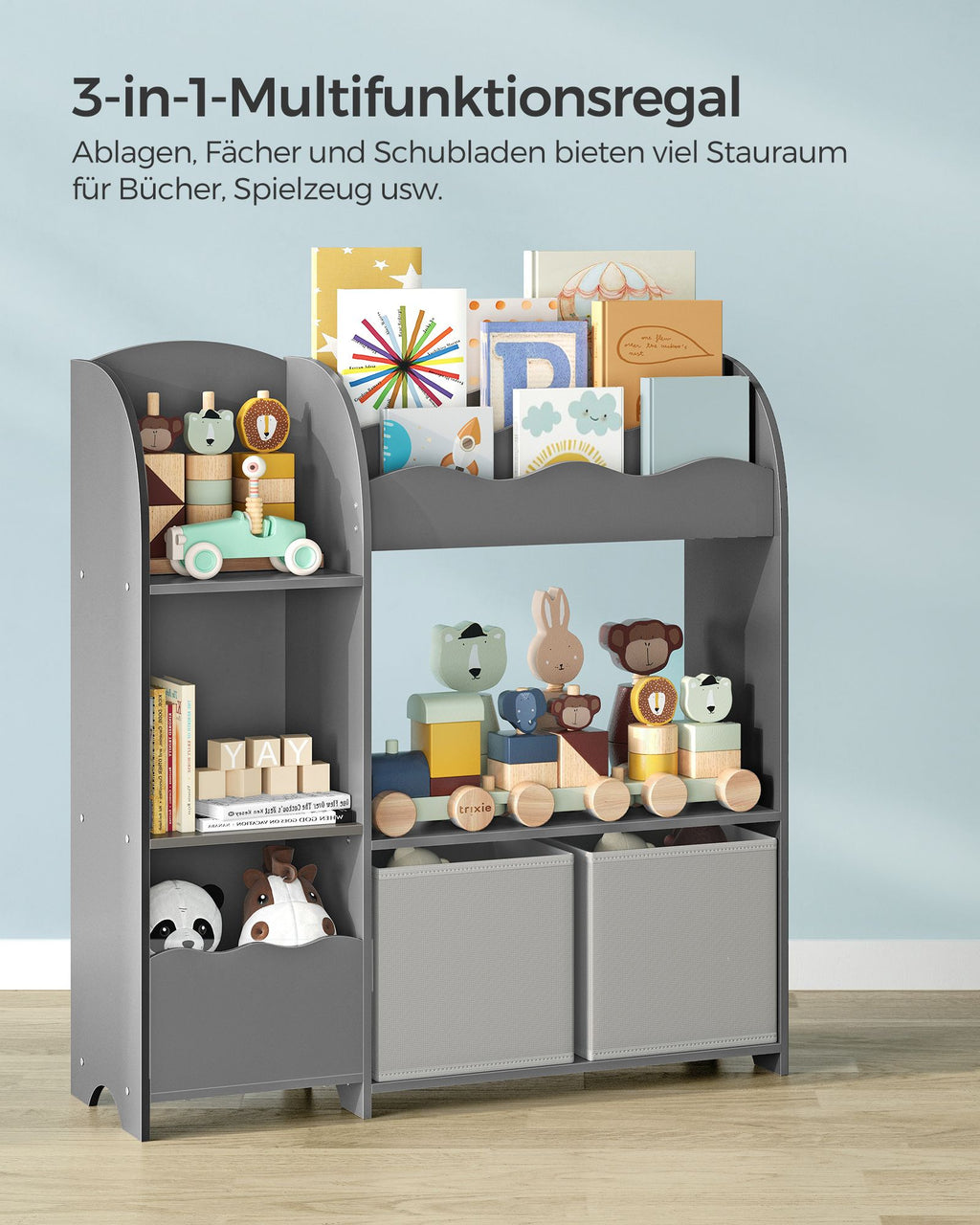 Kinderregal mit 2 Boxen für Spielzeug und Bücher taubengrau