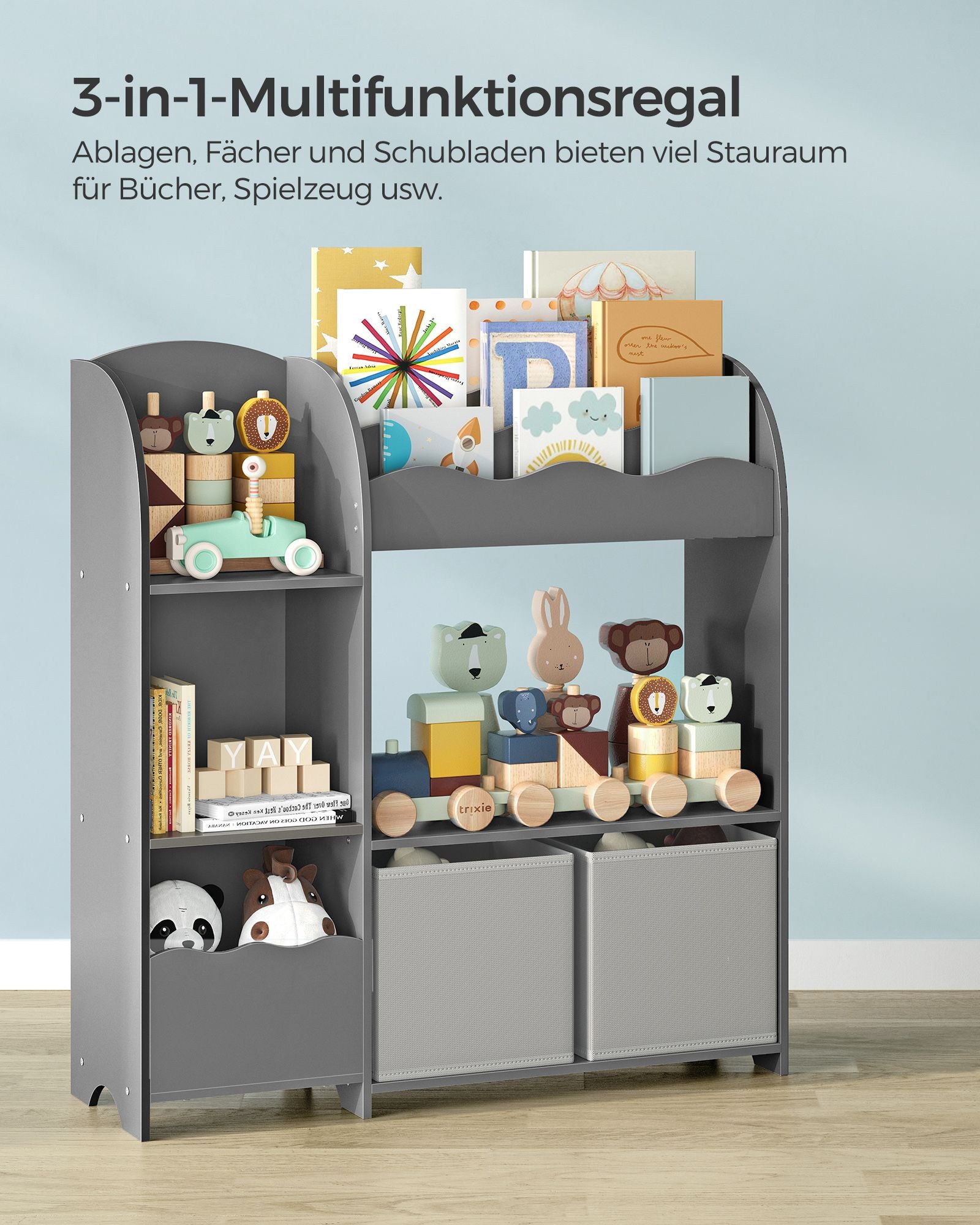 Kinderregal mit 2 Boxen für Spielzeug und Bücher taubengrau