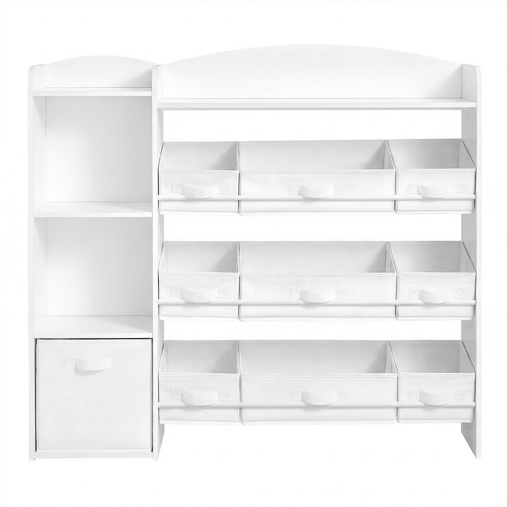 Kinderregal mit 2 offenen Fächern, Kinderregal, 9 mittlere und 1 seitliche Boxen