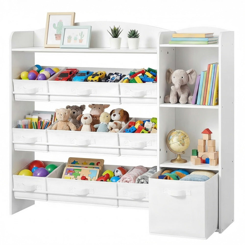 Kinderregal mit 2 offenen Fächern, Kinderregal, 9 mittlere und 1 seitliche Boxen