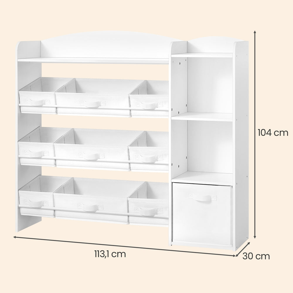 Kinderregal mit 2 offenen Fächern, Kinderregal, 9 mittlere und 1 seitliche Boxen