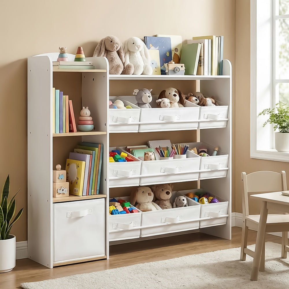 Kinderregal mit 2 offenen Fächern, Kinderregal, 9 mittlere und 1 seitliche Boxen
