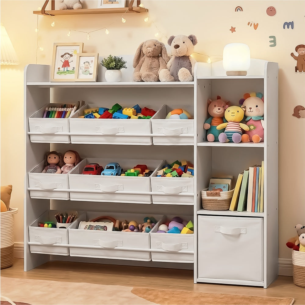 Kinderregal mit 2 offenen Fächern, Kinderregal, 9 mittlere und 1 seitliche Boxen