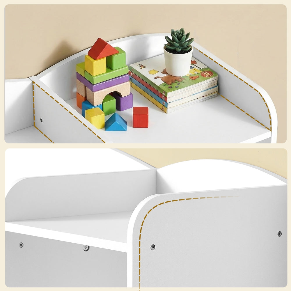 Kinderregal mit 2 offenen Fächern, Kinderregal, 9 mittlere und 1 seitliche Boxen