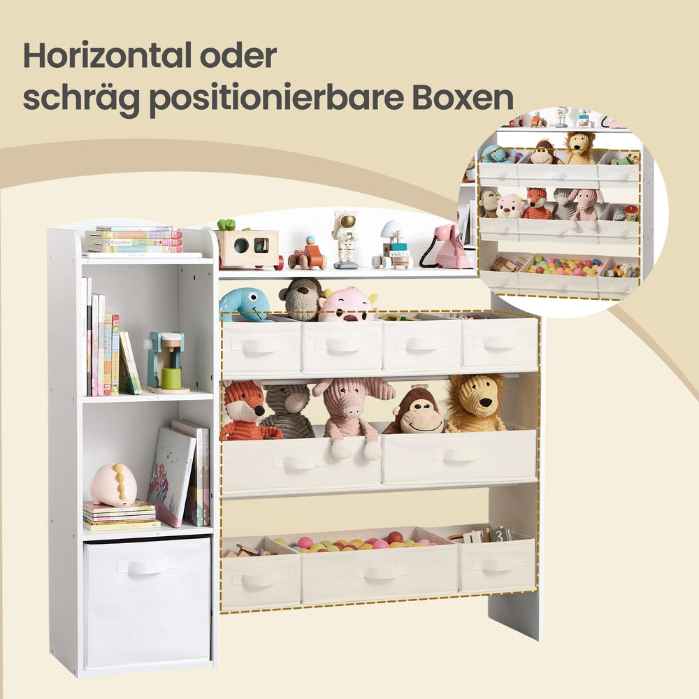 Kinderregal mit 2 offenen Fächern, Kinderregal, 9 mittlere und 1 seitliche Boxen