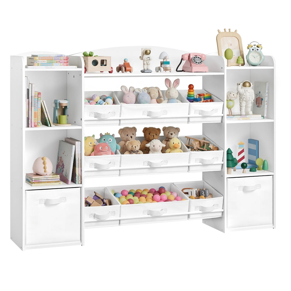 Kinderregal, Spielzeug Aufbewahrung, Spielzeugregal, Montessori Regal, 4 offene Fächer, 9 mittlere und 2 seitliche Boxen, für Kinderzimmer