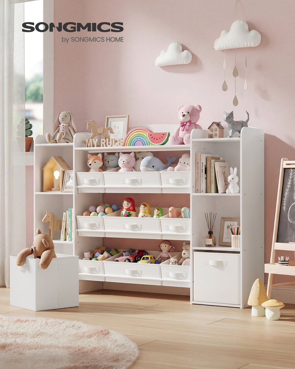 Kinderregal, Spielzeug Aufbewahrung, Spielzeugregal, Montessori Regal, 4 offene Fächer, 9 mittlere und 2 seitliche Boxen, für Kinderzimmer