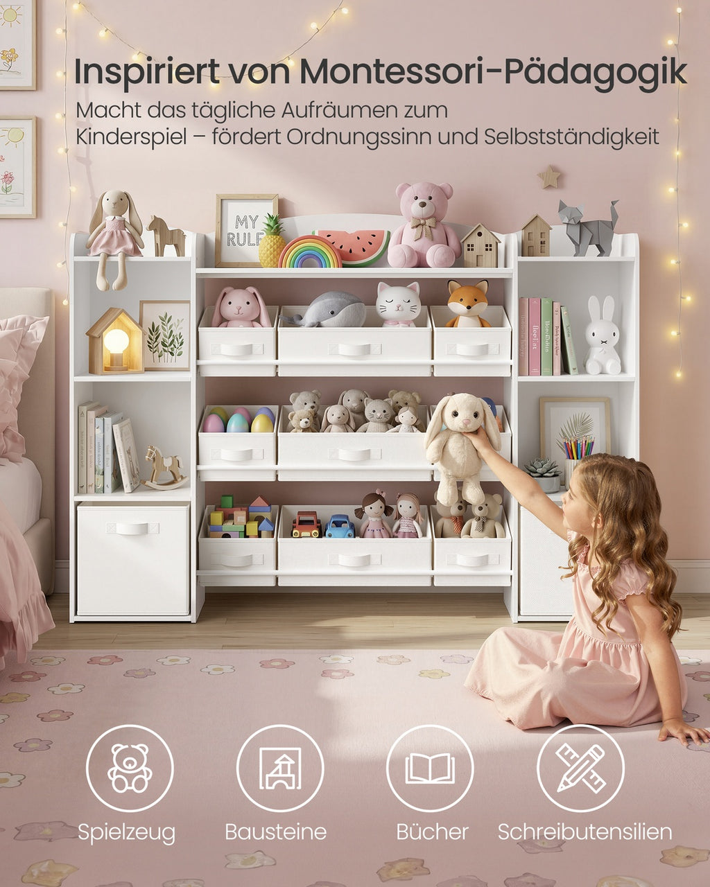 Kinderregal, Spielzeug Aufbewahrung, Spielzeugregal, Montessori Regal, 4 offene Fächer, 9 mittlere und 2 seitliche Boxen, für Kinderzimmer