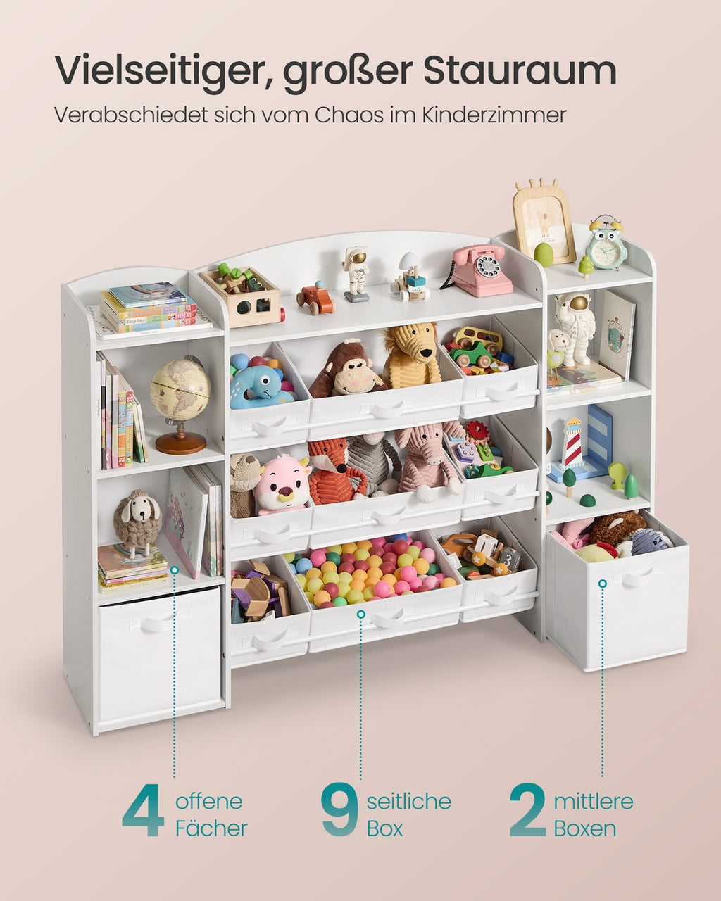 Kinderregal, Spielzeug Aufbewahrung, Spielzeugregal, Montessori Regal, 4 offene Fächer, 9 mittlere und 2 seitliche Boxen, für Kinderzimmer