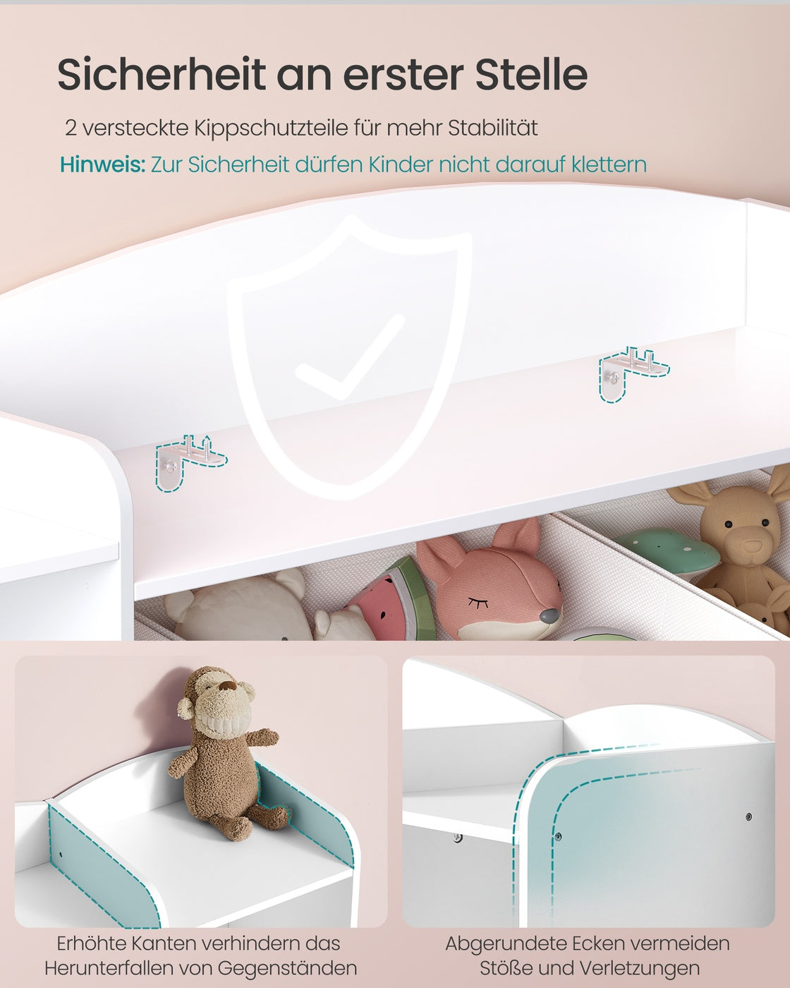 Kinderregal, Spielzeug Aufbewahrung, Spielzeugregal, Montessori Regal, 4 offene Fächer, 9 mittlere und 2 seitliche Boxen, für Kinderzimmer