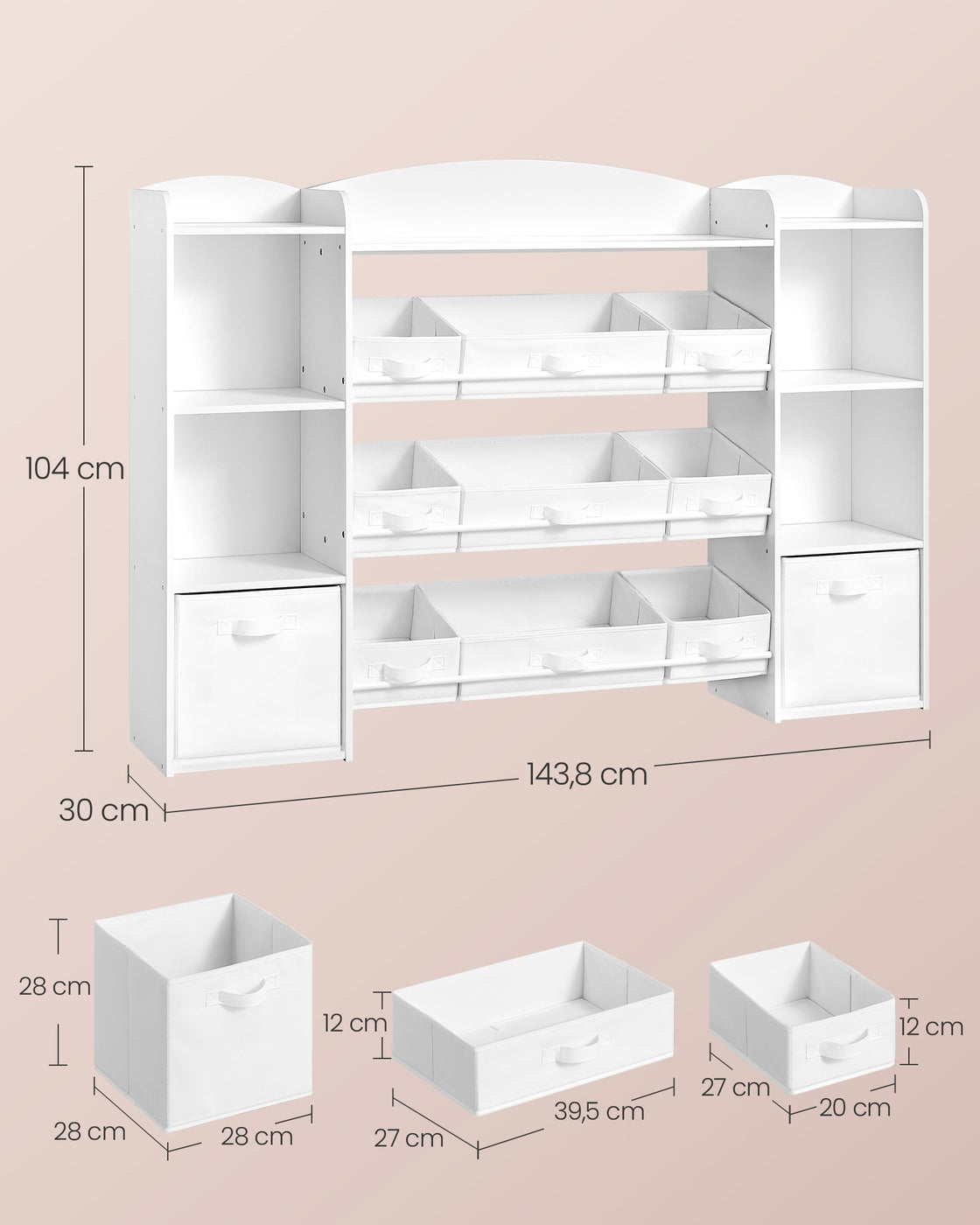 Kinderregal, Spielzeug Aufbewahrung, Spielzeugregal, Montessori Regal, 4 offene Fächer, 9 mittlere und 2 seitliche Boxen, für Kinderzimmer