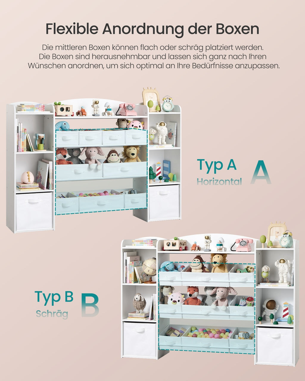 Kinderregal, Spielzeug Aufbewahrung, Spielzeugregal, Montessori Regal, 4 offene Fächer, 9 mittlere und 2 seitliche Boxen, für Kinderzimmer