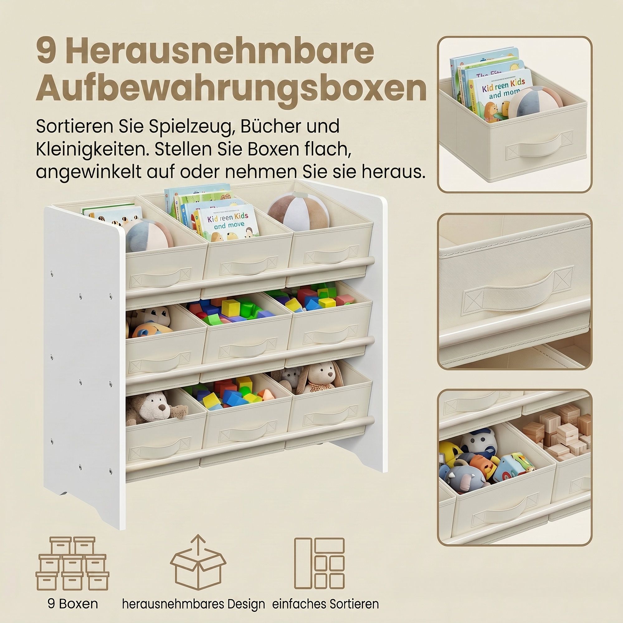 Regal, Bücherregal, mit 9 Aufbewahrungsboxen aus Vliesstoff