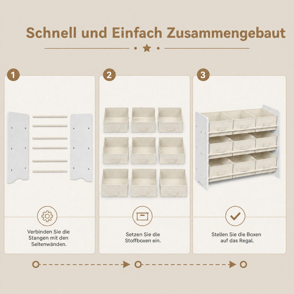 Regal, Bücherregal, mit 9 Aufbewahrungsboxen aus Vliesstoff