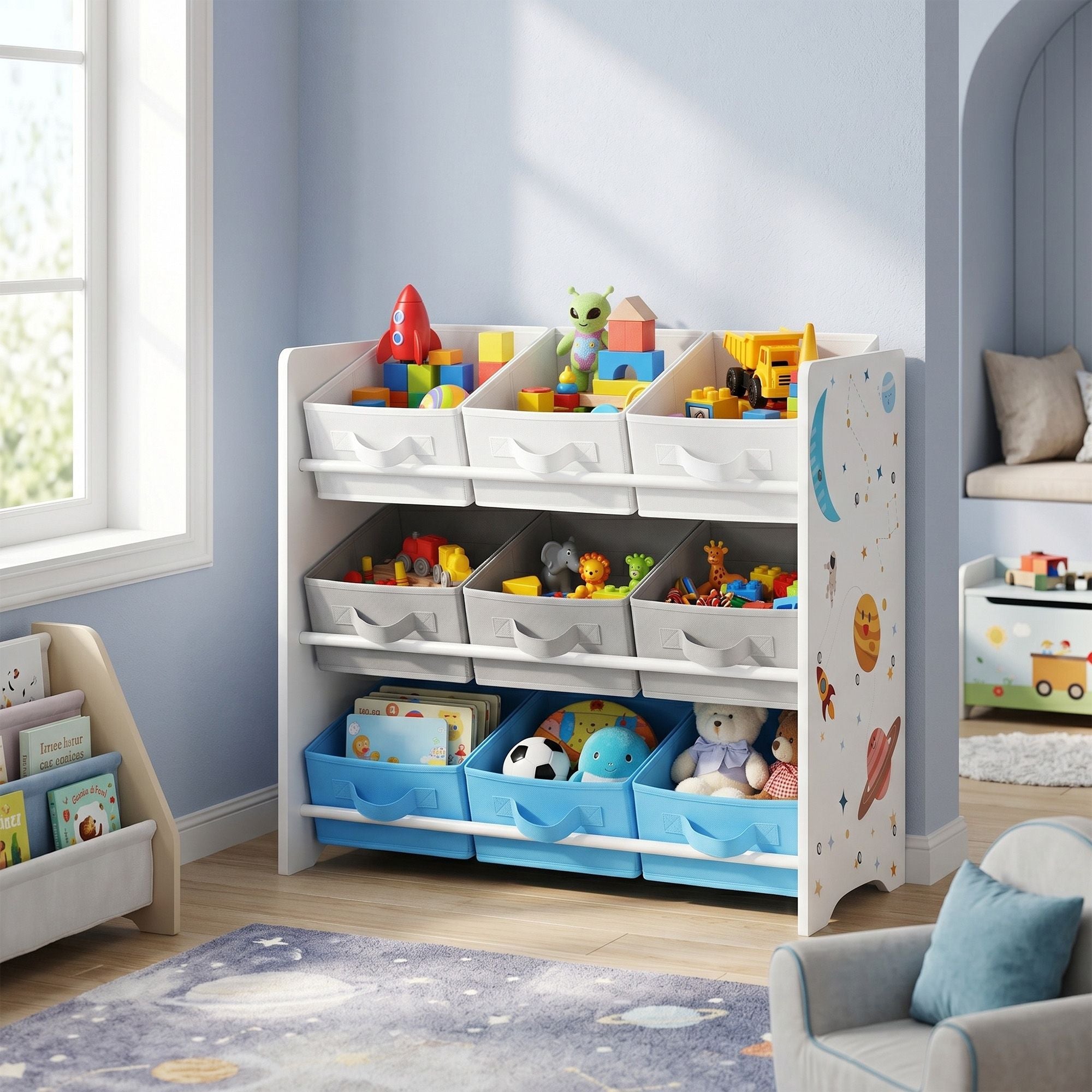 Regal, Bücherregal, mit 9 Aufbewahrungsboxen aus Vliesstoff,
