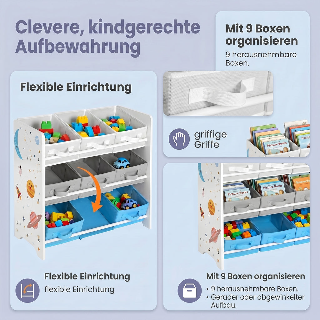 Regal, Bücherregal, mit 9 Aufbewahrungsboxen aus Vliesstoff,