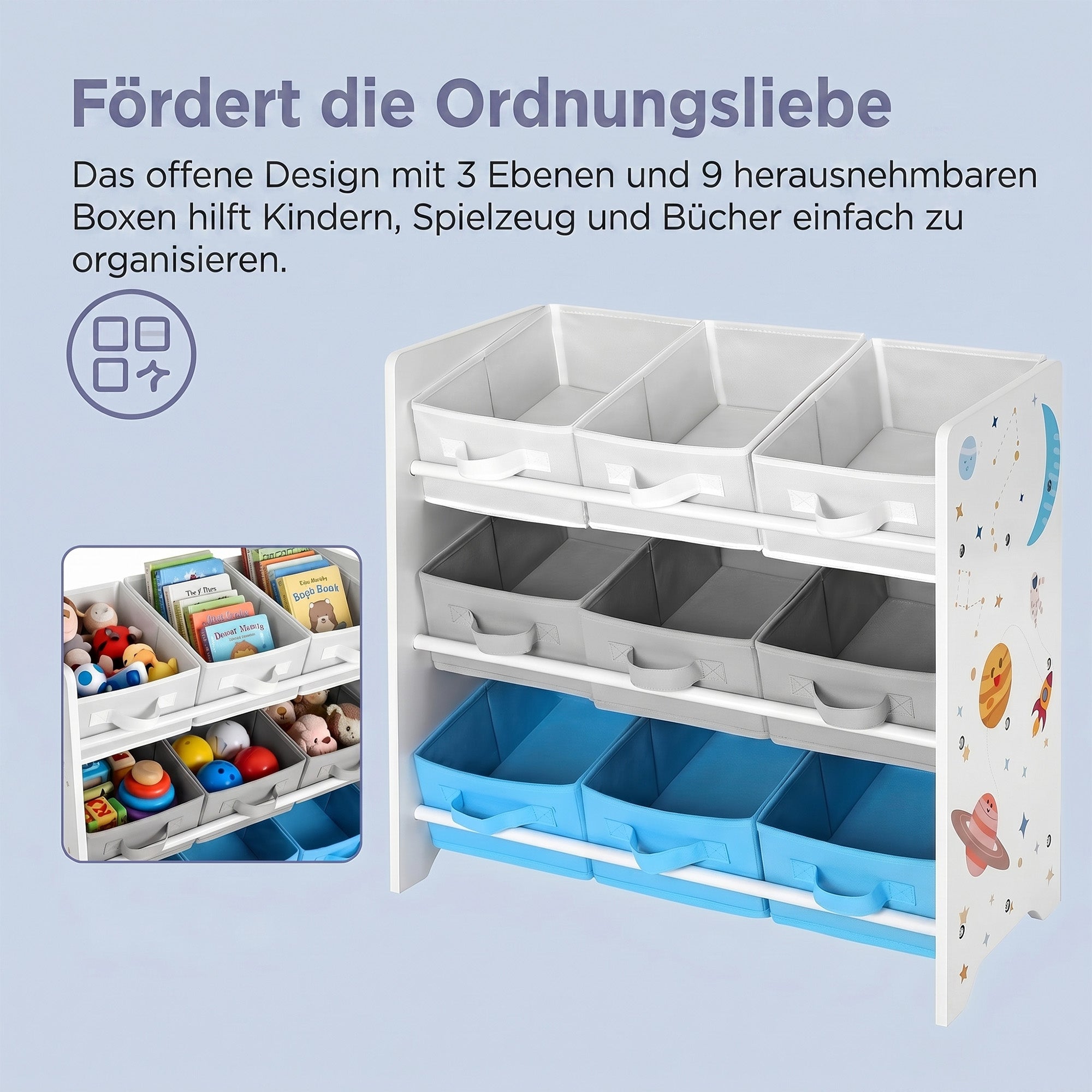 Regal, Bücherregal, mit 9 Aufbewahrungsboxen aus Vliesstoff,