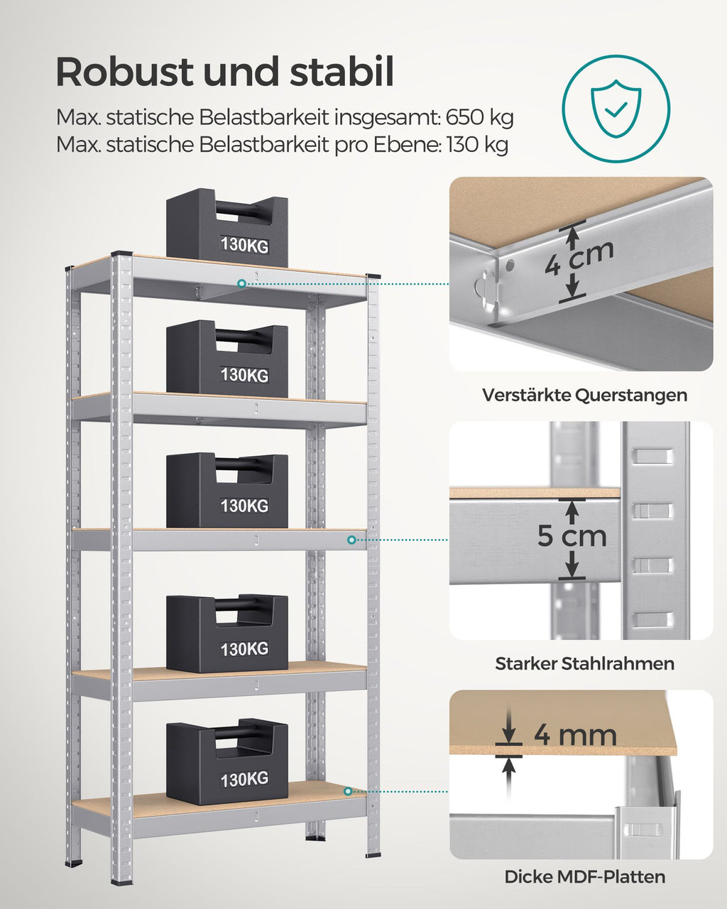 Schwerlastregal mit Stahlgestell silbern