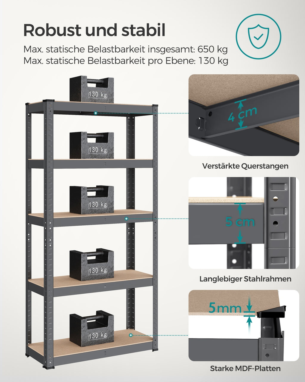 Schwerlastregal mit 5 verstellbaren Ablagen 30 x 75 x 150 cm grau