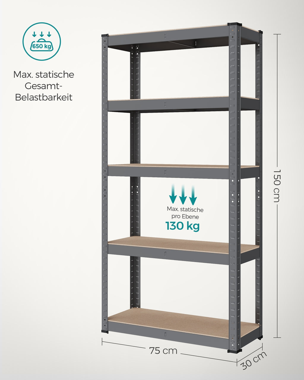 Schwerlastregal mit 5 verstellbaren Ablagen 30 x 75 x 150 cm grau