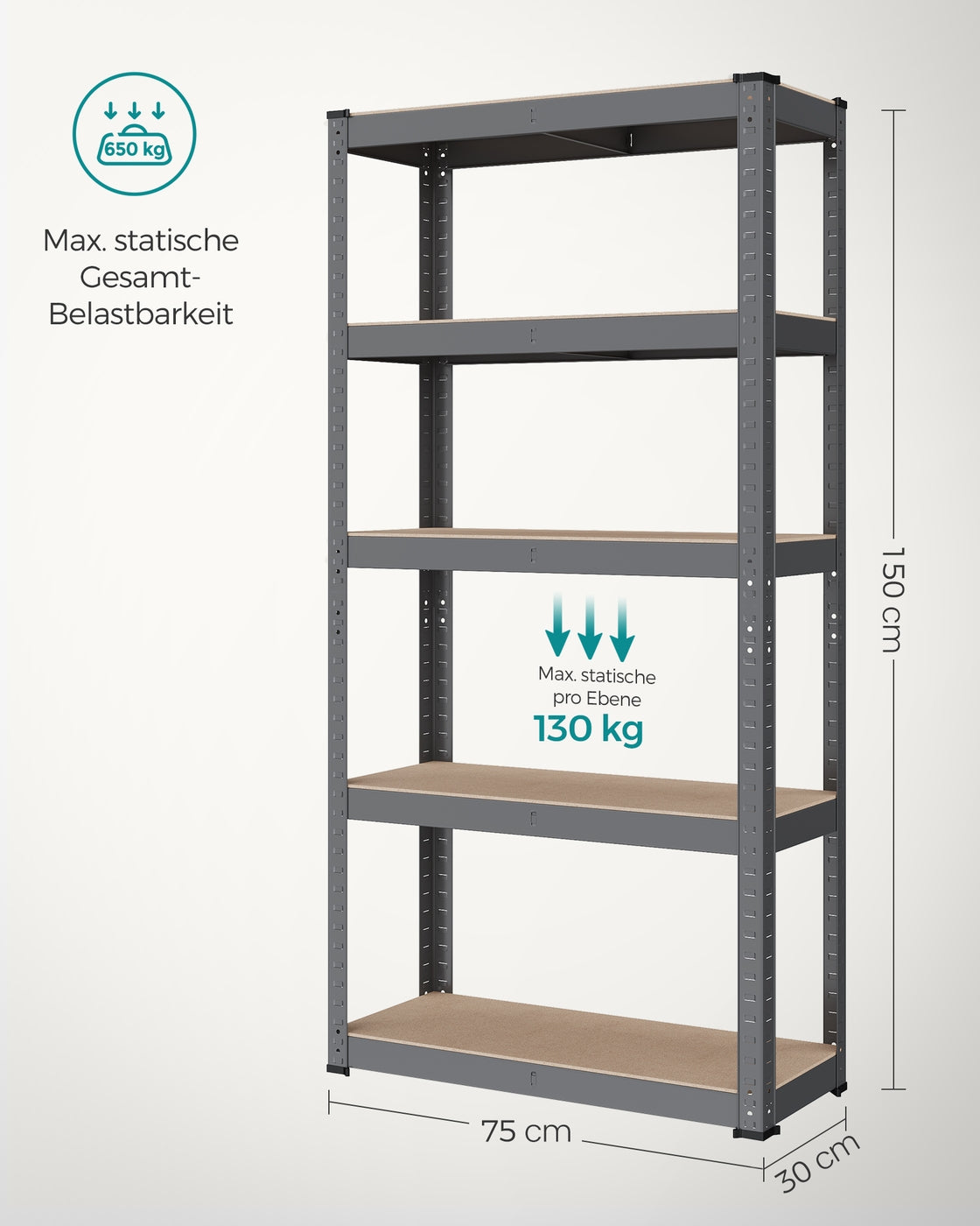 Schwerlastregal mit 5 verstellbaren Ablagen 30 x 75 x 150 cm grau