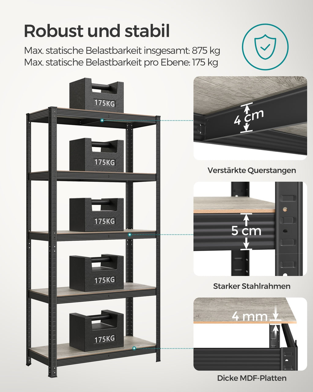 Standregal verstellbar mit 5 Ablagen 40 x 90 x 180 cm Greige-schwarz