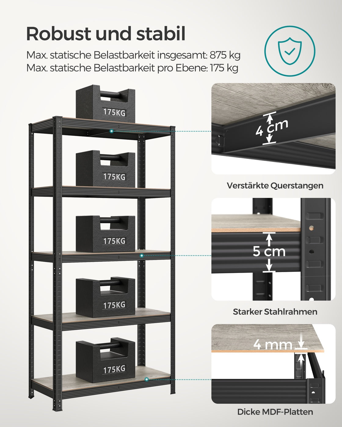 Standregal verstellbar mit 5 Ablagen 40 x 90 x 180 cm Greige-schwarz