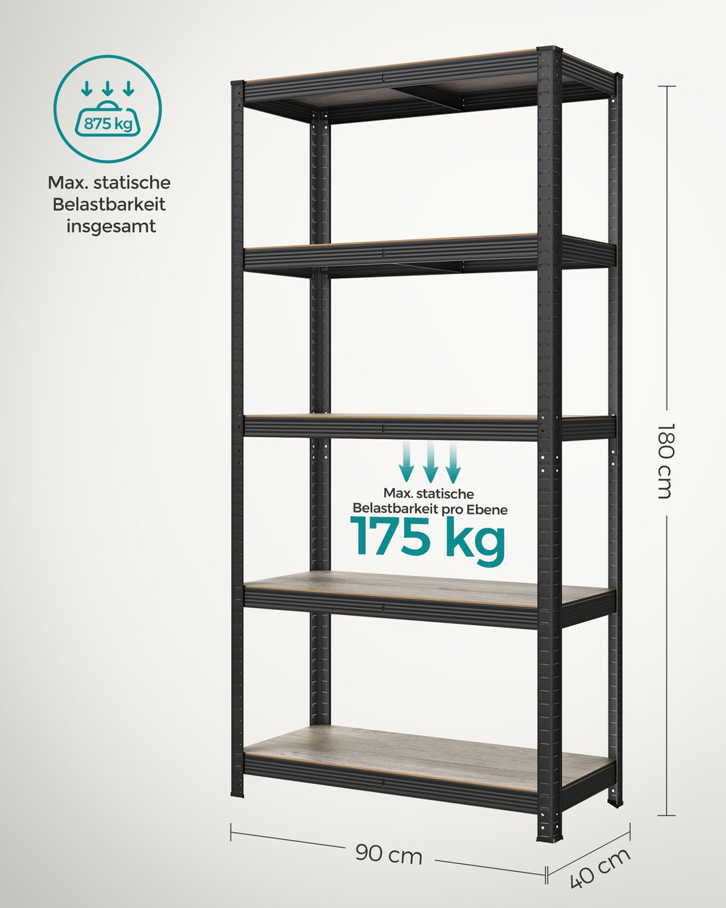 Standregal verstellbar mit 5 Ablagen 40 x 90 x 180 cm Greige-schwarz